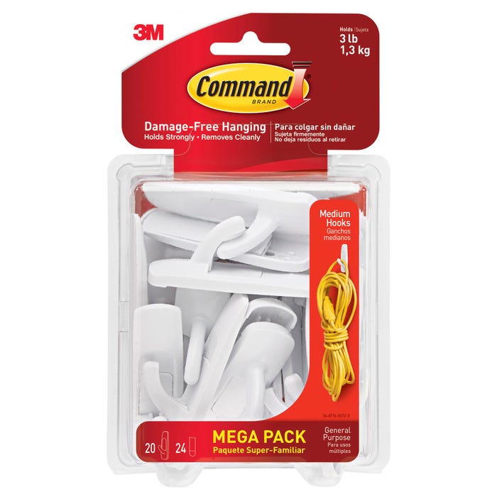 Command Medium Utility Hooks and Adhesive Strips, 20 Hooks with 24 Strips