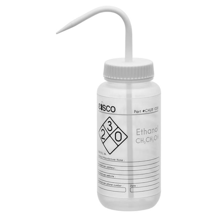Eisco Labs Ethanol Wash Bottle, 500 mL, Wide Mouth, Pre-Labeled, LDPE (2 color)