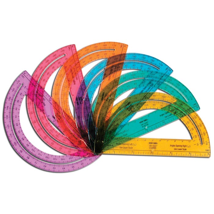 School Specialty Safe-T 2-in-1 Metric 0 - 180 deg Protractor Set, 6 in, Plastic, Assorted Color, Set of 30