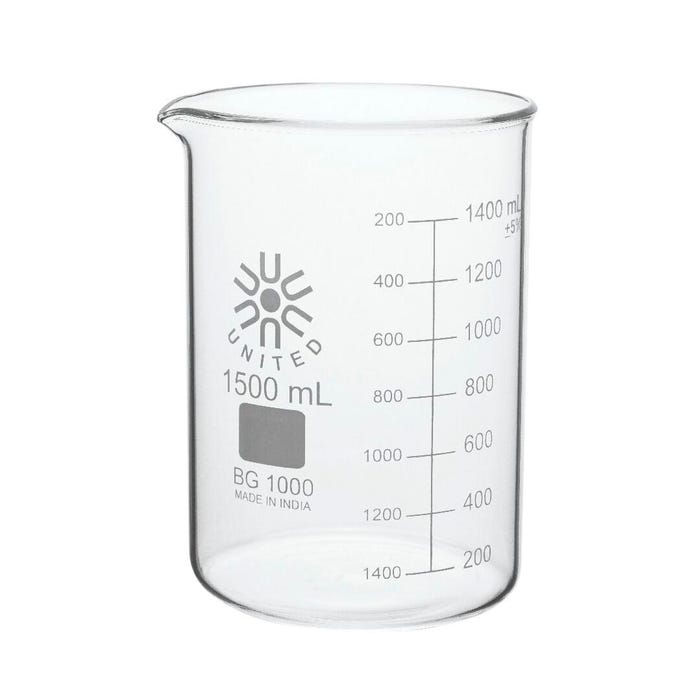 United Scientific Low Form Beakers, Borosilicate Glass, 1500 Milliliters, Pack of 4