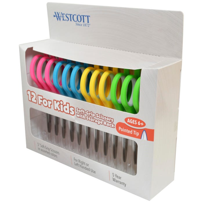 Westcott Soft Grip Kid Scissors, Pointed Tip, 5 Inches, Assorted Colors, Set of 12