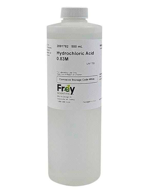 Frey Scientific Hydrochloric Acid, 0.83M Solution, Lab Grade, 500mL Item Number 2091782