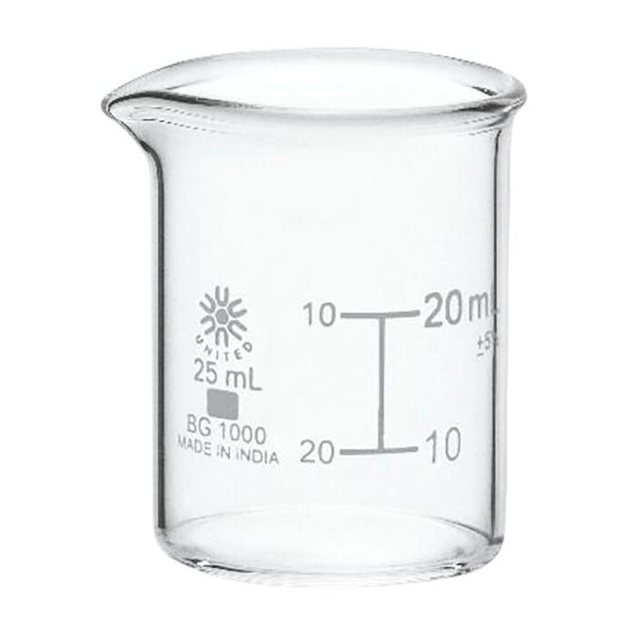 United Scientific Low Form Beakers, Borosilicate Glass, 25 Milliliters, Pack of 12