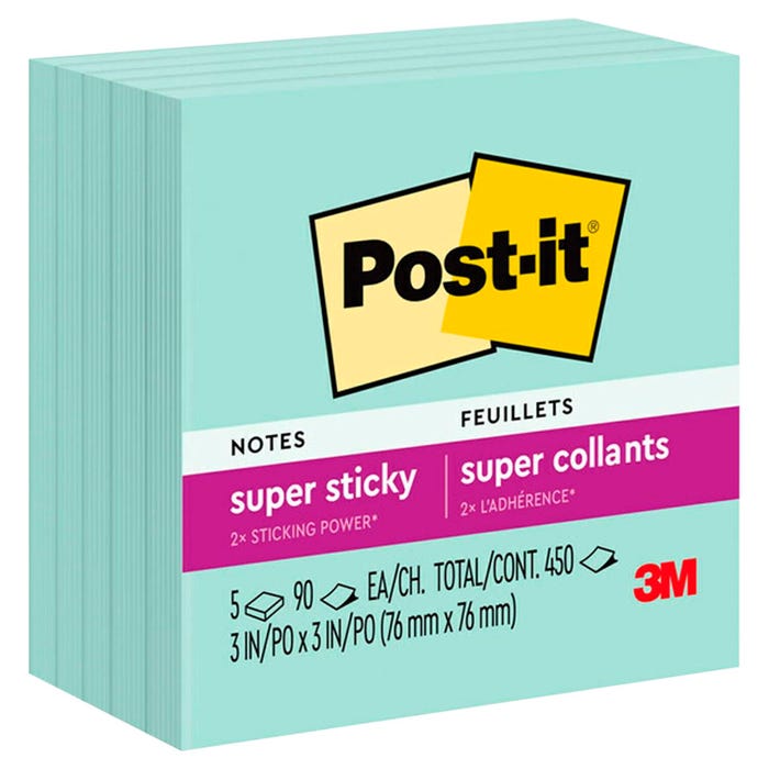 Post-it Super Sticky Notes, 3 x 3 Inches, Fresh Mint, 5 Pads/Pack, 90 Sheets/Pad