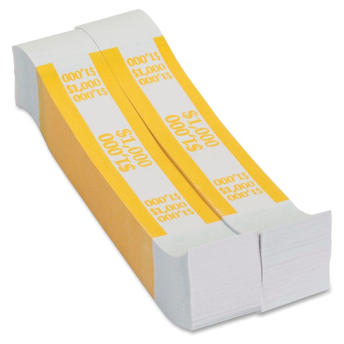 Coin-Tainer Currency Straps, 1000 Dollars, Yellow, 20 Per Box