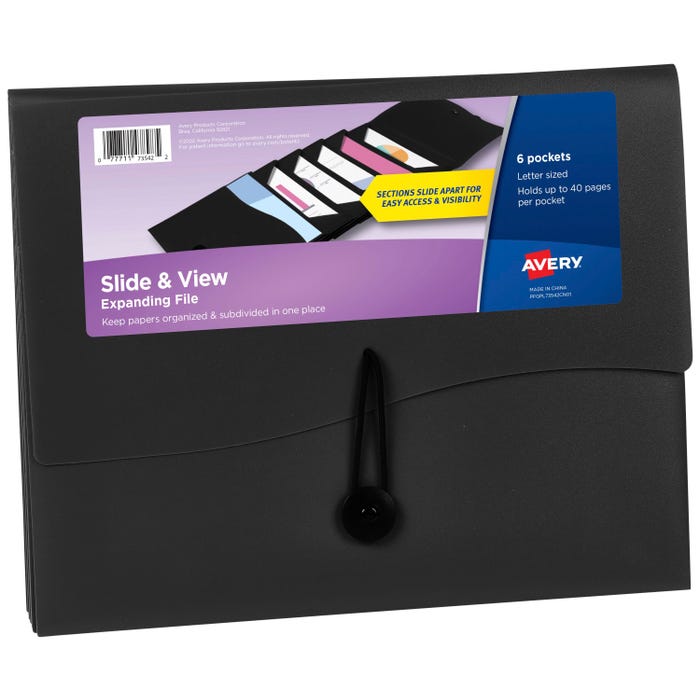 Avery Slide & View Expanding File Folder, 6 Pockets, 8-1/2 x 11 Inches, Black