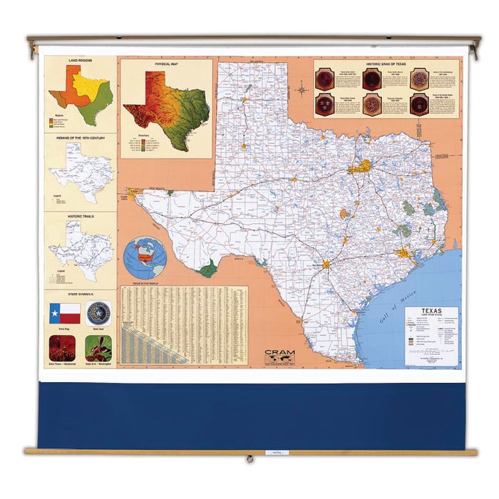 Nystrom Texas Pull Down Roller Classroom Map, 64 x 50 Inches
