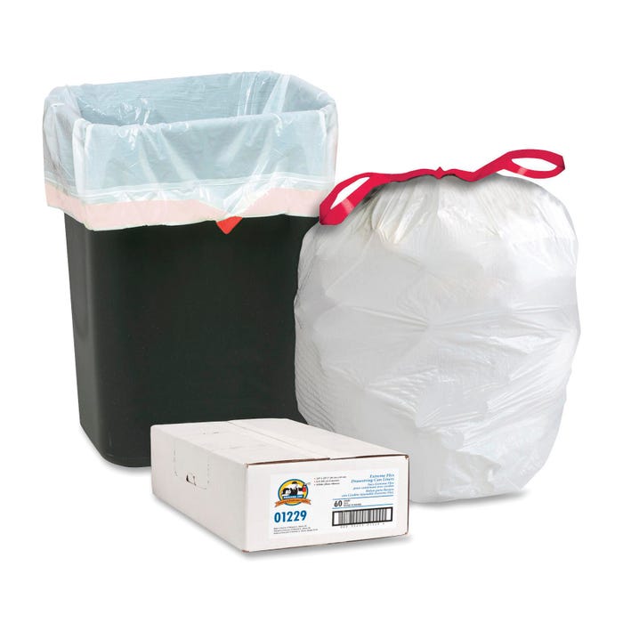 Genuine Joe Low Density Drawstring Can Liners, 13 Gallon, 0.90 mil, White, Pack of 60