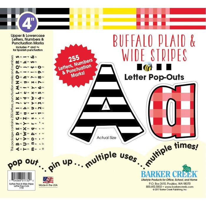 Barker Creek Letter Pop-Outs, 4 Inch, Buffalo Plaid/Wide Stripes, Set of 255
