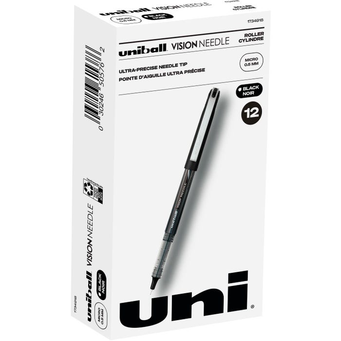 uniball Vision Needle Stick Pen, 0.5 mm, Black Ink/Barrel, Pack of 12