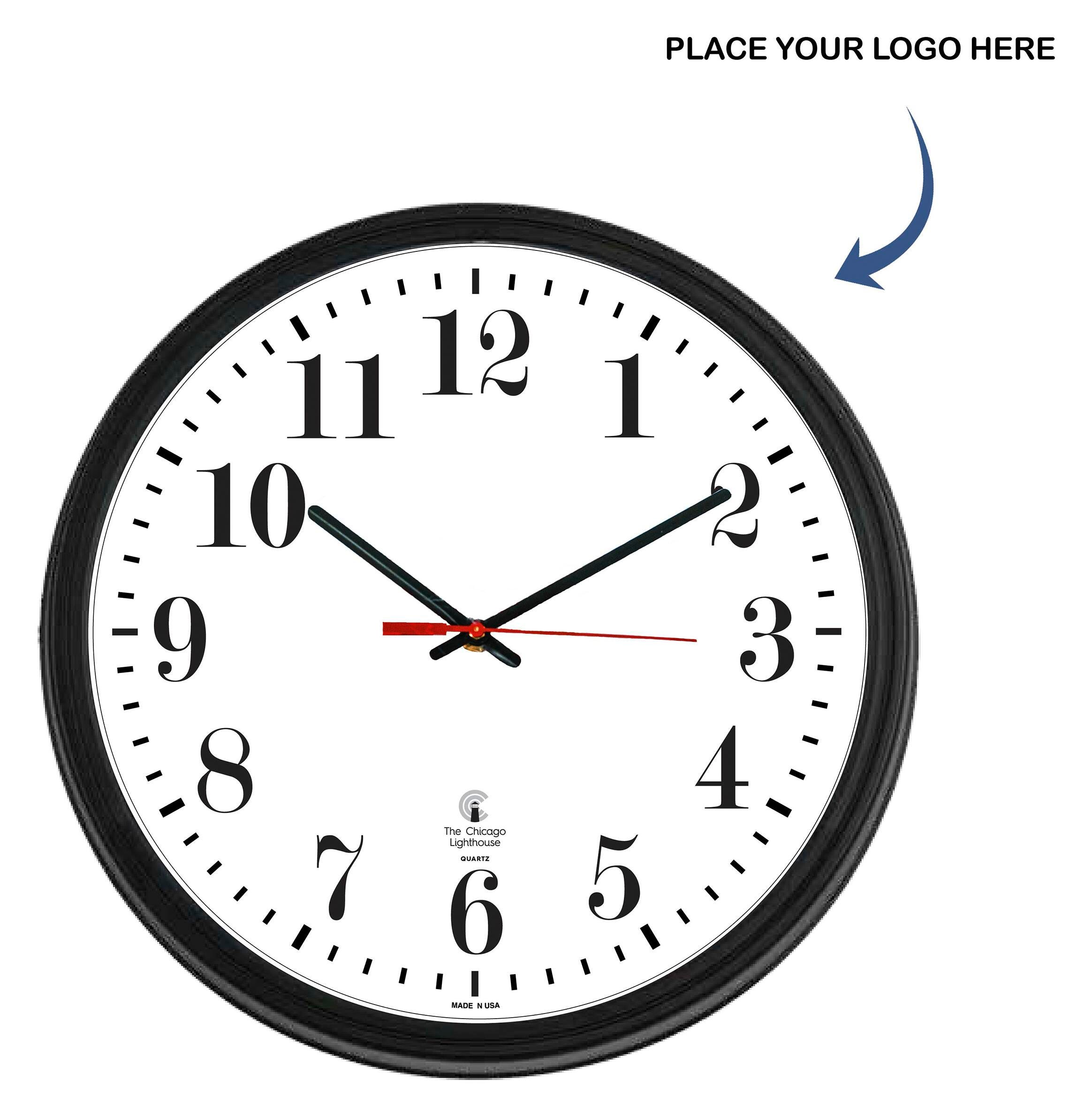 Image for Chicago Lighthouse Contract Clock, Custom Logo Face, Black, 13-3/4 Inches from School Specialty