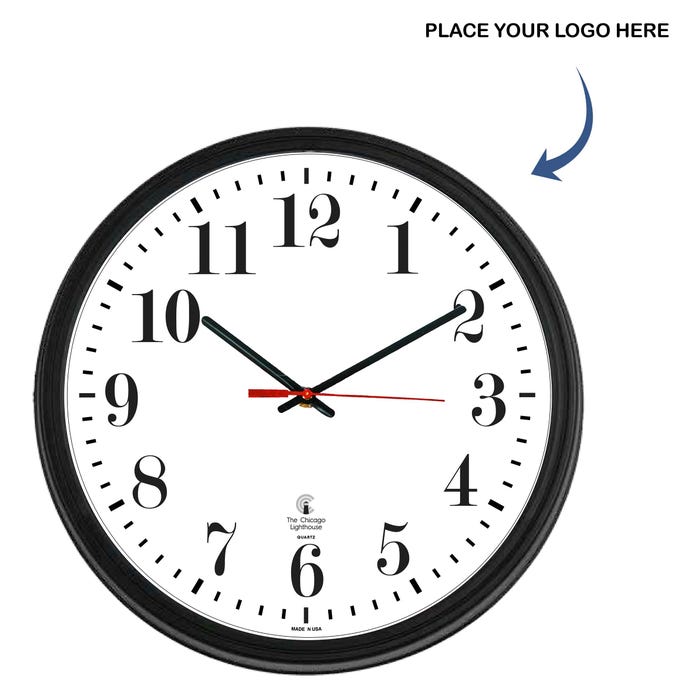 Chicago Lighthouse Contract Clock, Custom Logo Face, Black, 13-3/4 Inches