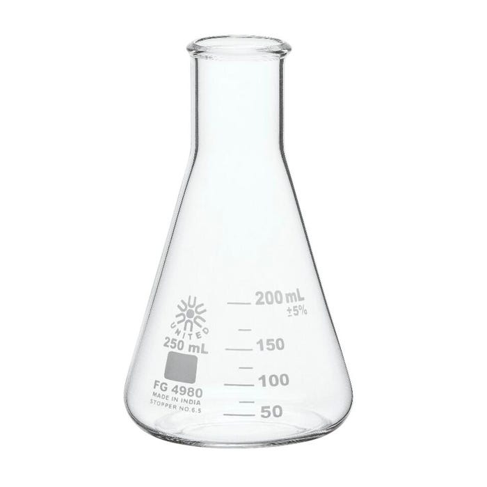 United Scientific Erlenmeyer Flask, Narrow Mouth, Borosilicate Glass, 250ml