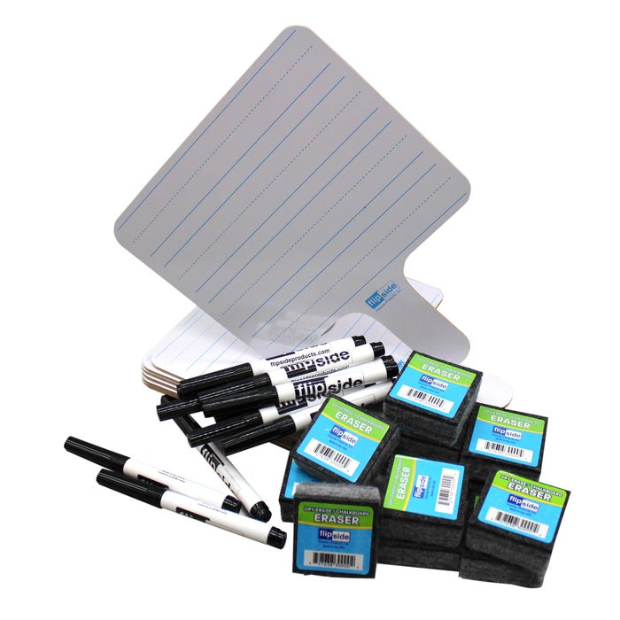 Flipside Two Sided Rectangle Lined/Blank Dry Erase Paddles, Pens, Erasers, Set of 36 Pieces