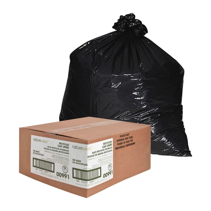 Nature Saver Low Density Recycled Can Liners, 60 Gallon, 1.25 mil, Black, 100 Count Box
