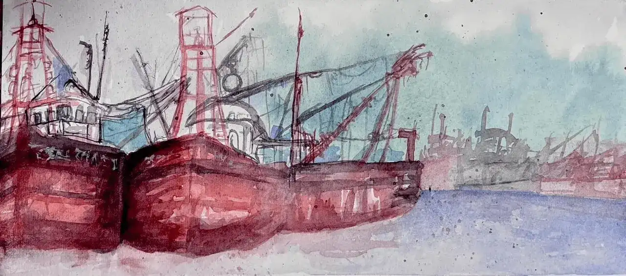 Watercolor painting of several large ships in a harbor.