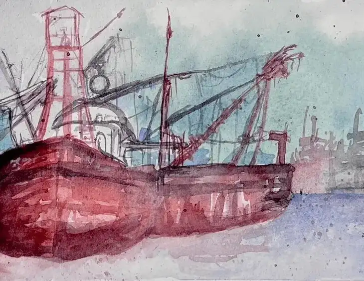 Watercolor painting of several large ships in a harbor.