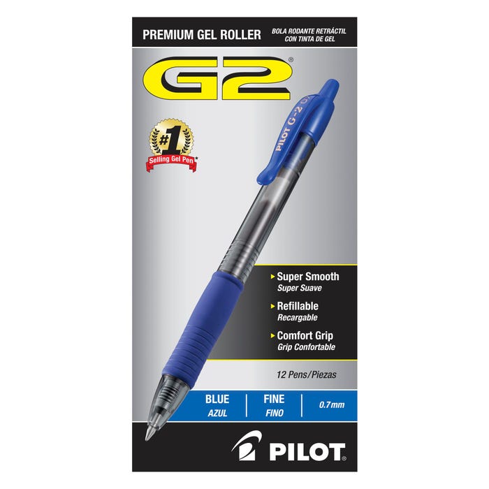 Pilot G2 Premium Retractable Gel Ink Rolling Ball Pen, Fine Point, Blue Ink, Pack of 12
