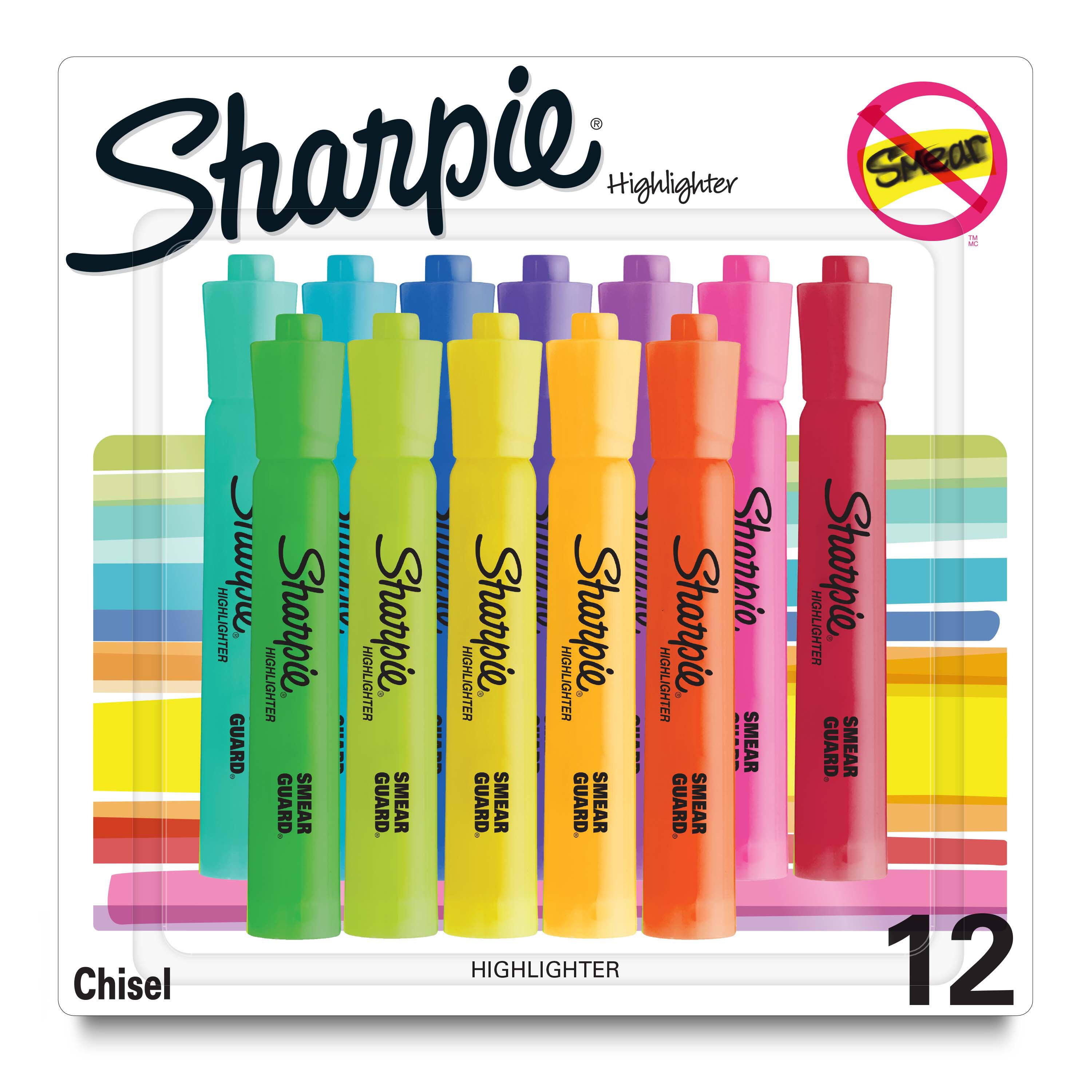 Sharpie Tank Highlighters, Chisel Tip, Assorted Colors, Pack of 12 2102332