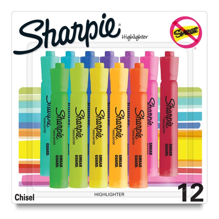 Sharpie Tank Highlighters, Chisel Tip, Assorted Colors, Pack of 12