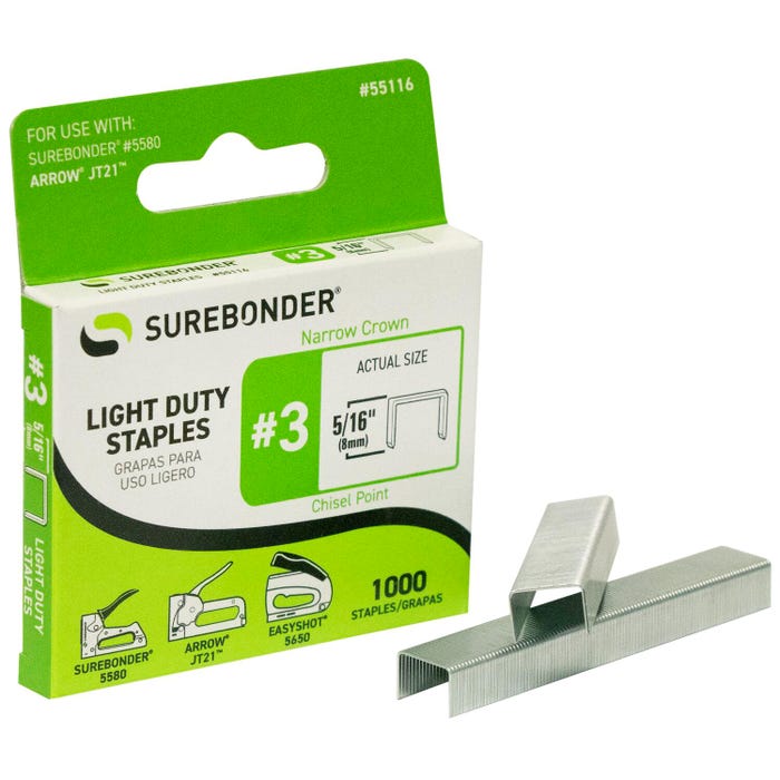 Surebonder Number 3 Staples, Light Duty, 5/16 Inch Narrow Crown, Pack of 1000