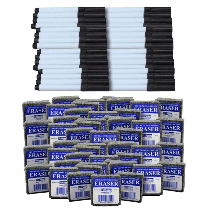 Flipside Dry Erase Pen and Eraser Pack, Black, 48 Each, 96 Total Pieces