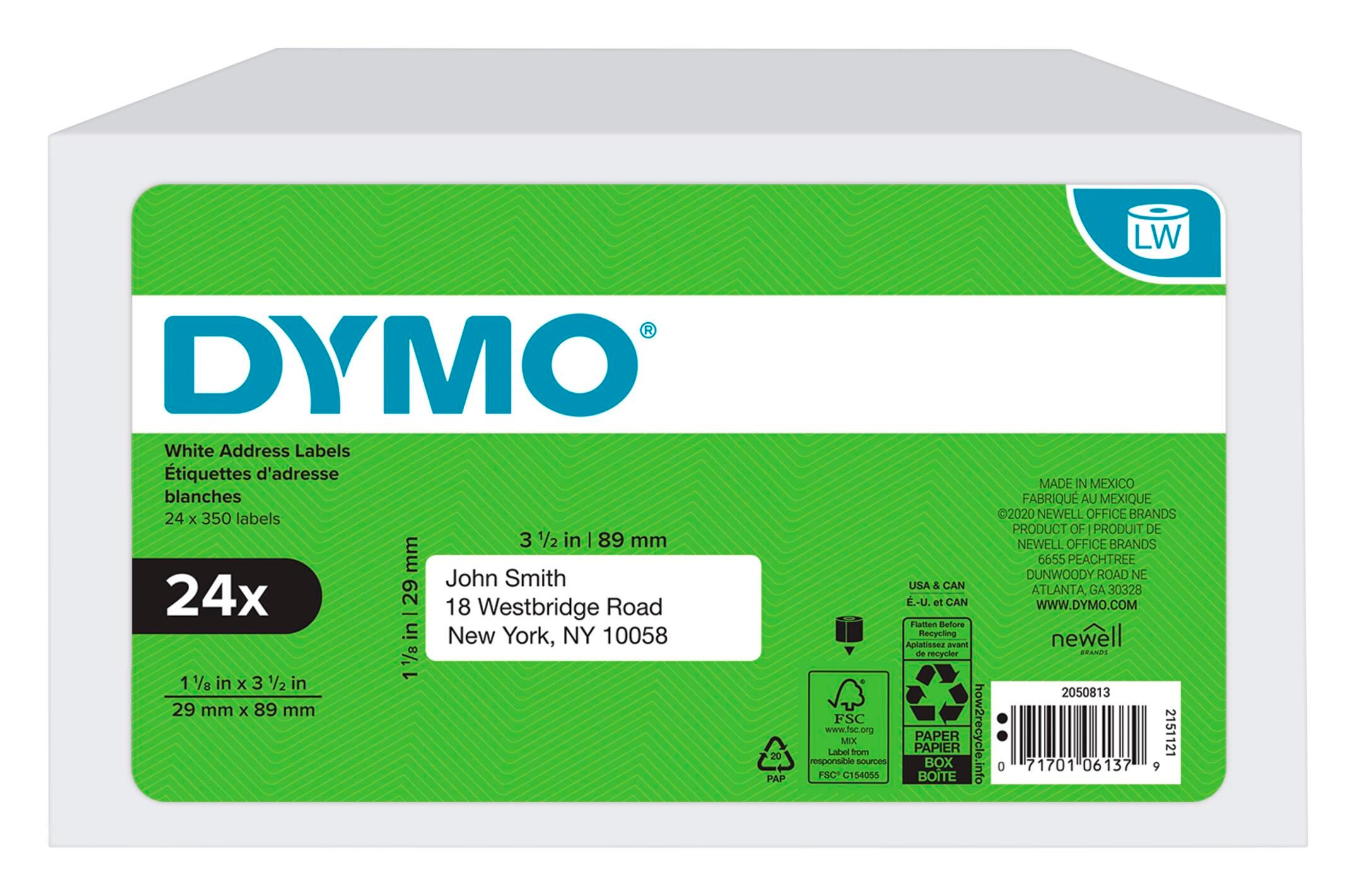 DYMO LabelWriter Mailing Address Labels, 1-1/8 x 3-1/2 Inches, White, 350 Labels/Roll, Pack of 24 Rolls 2100854