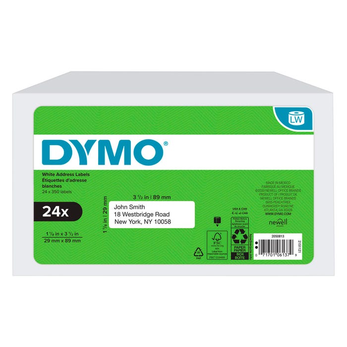 DYMO LabelWriter Mailing Address Labels, 1-1/8 x 3-1/2 Inches, White, 350 Labels/Roll, Pack of 24 Rolls