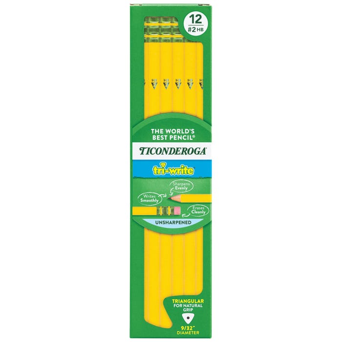Ticonderoga Tri-Write Wood-Cased Pencils, No 2 HB, Unsharpened, Yellow, Pack of 12