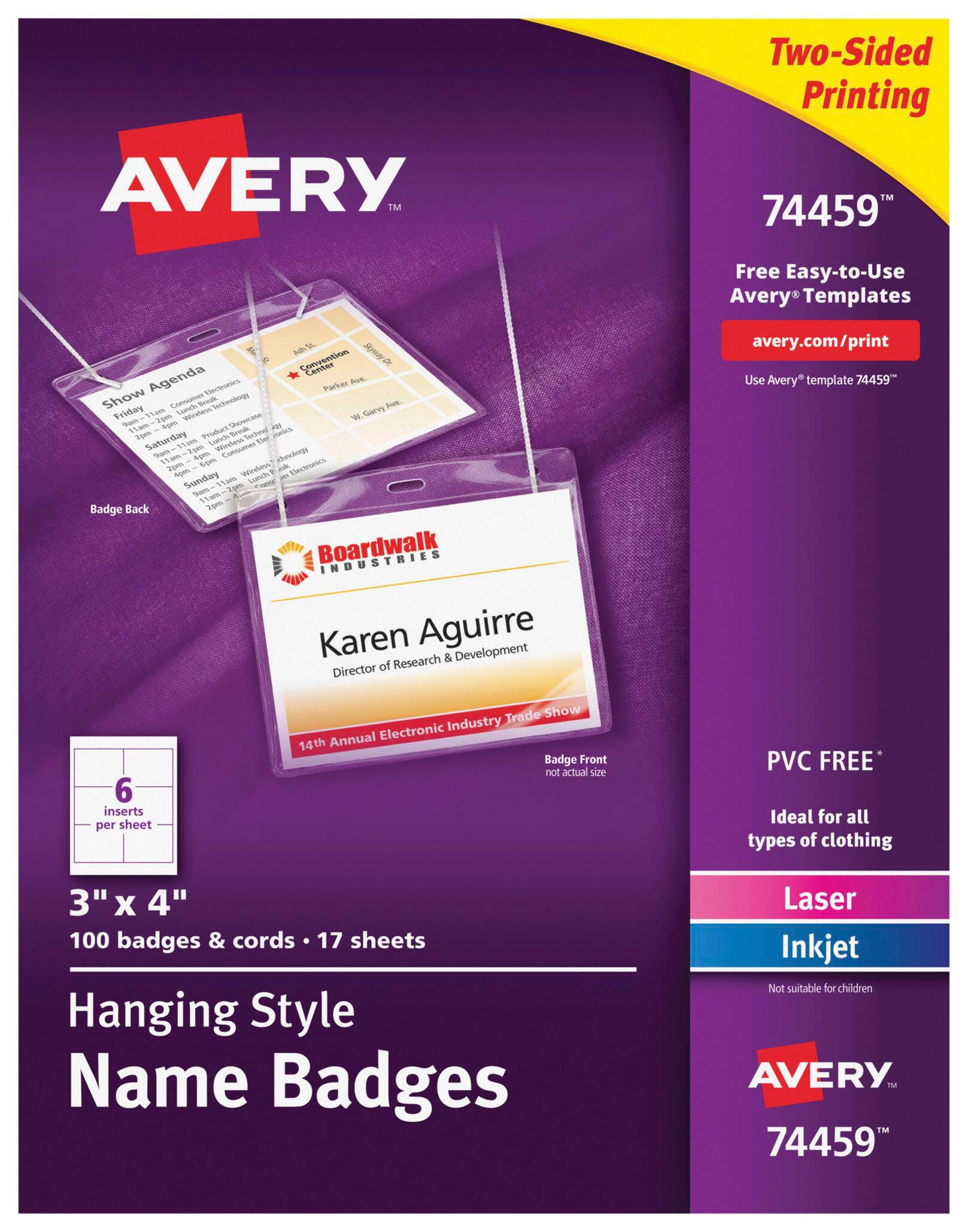 Avery Hanging Style Name Badges, Two-Sided, White, Set of 100 Badges and Cords, Item Number 1085419