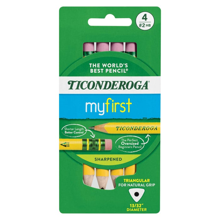 Ticonderoga My First Short Triangular Wood-Cased Pencils With Erasers, No 2 HB Soft, Yellow, Pack of 4
