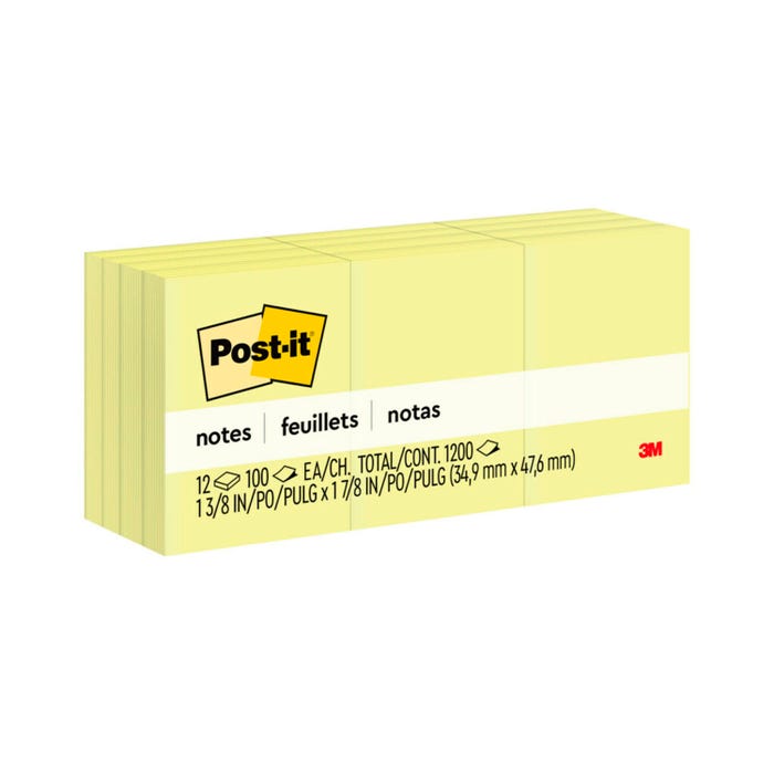 Post-it Original Plain Notes, 1-3/8 x 1-7/8 Inches, Canary Yellow, Pack of 12