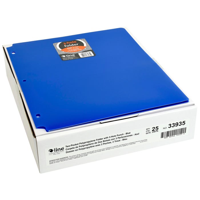 C-Line 2-Pocket Poly Folder, 3 Hole Punched, Blue, Pack of 25