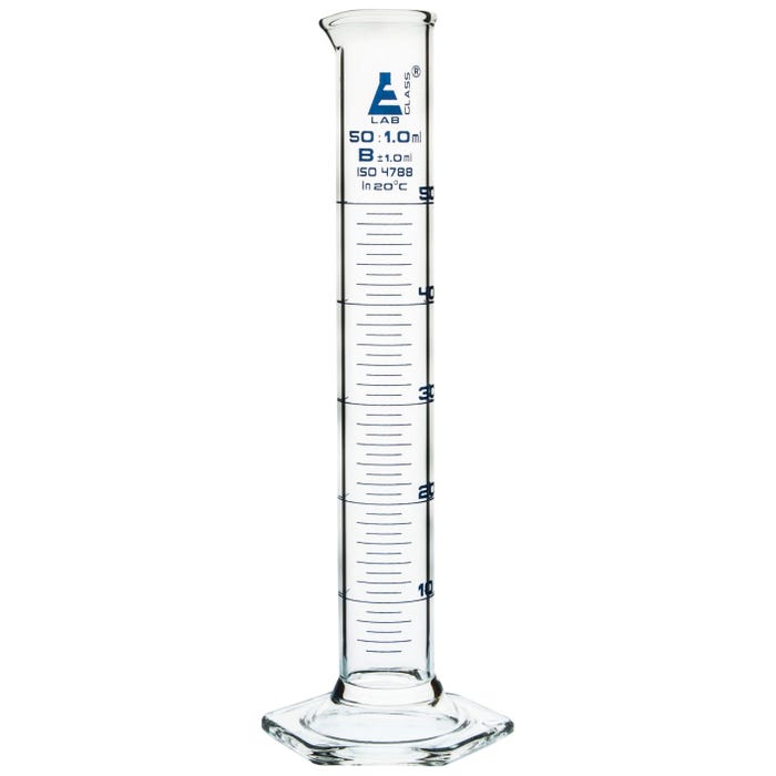 Eisco Graduated Cylinder, 50mL, Class B , Borosilicate Glass, Blue Graduations