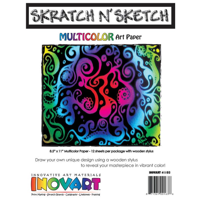Inovart Multicolor Scratch Paper, 8-1/2 x 11 Inches, 12 Sheets, With Stylus