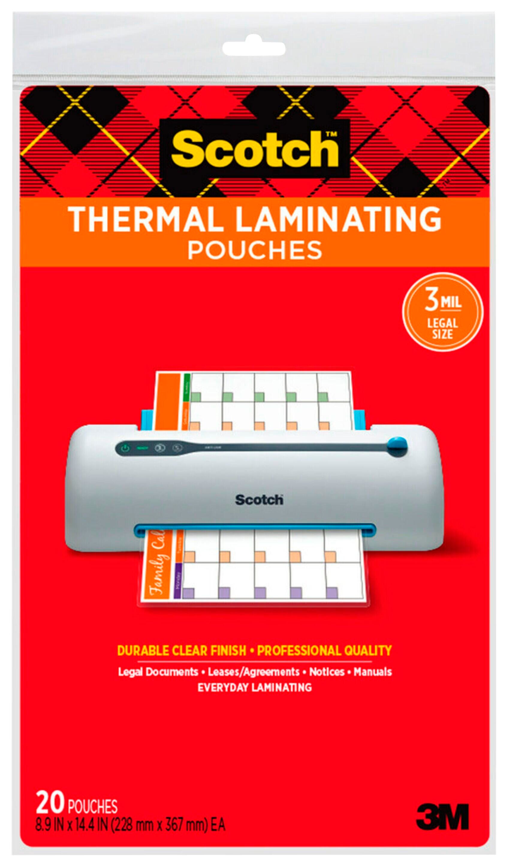 Image for Scotch Thermal Laminating Pouch, 9 x 14-1/2 Inches, 3 mil Thick, Pack of 20 from School Specialty