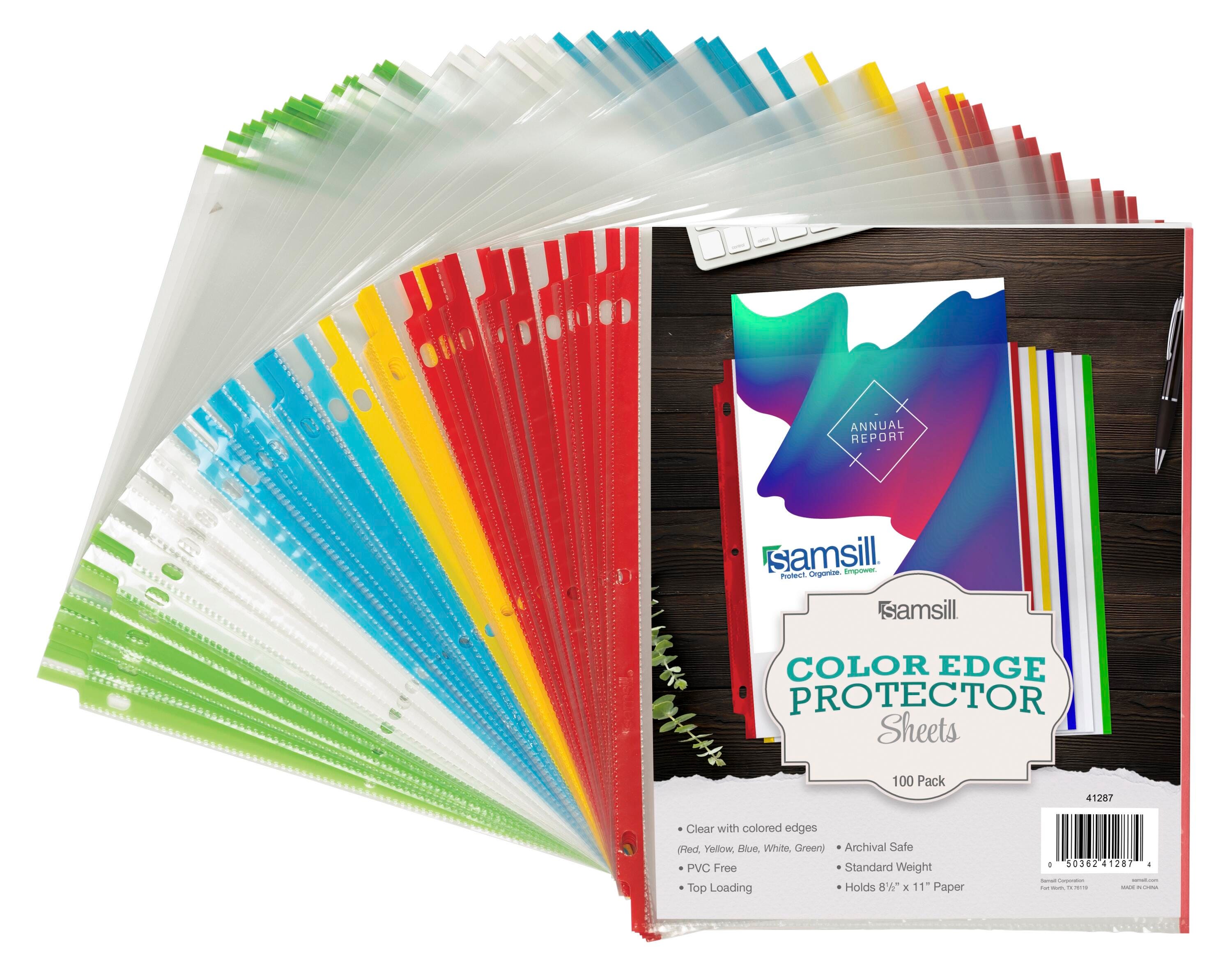 Samsill 8.5x11 Inch Page Protectors, Standard Weight, Colored Edge Protector, Letter Size, Top Loading, Acid Free, 100 Pack 2150085