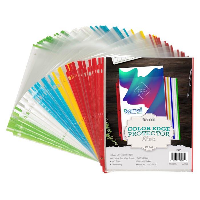 Samsill Standard Weight Sheet Protectors, 8-1/2 x 11 Inches, Assorted Colored Edges, 100 Pack