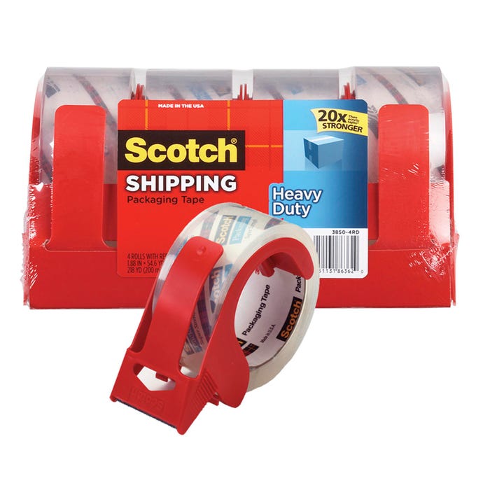 Scotch Heavy Duty Shipping Packaging Tape with Dispenser, 1.88 Inches x 54.6 Yards, Clear, Pack of 4