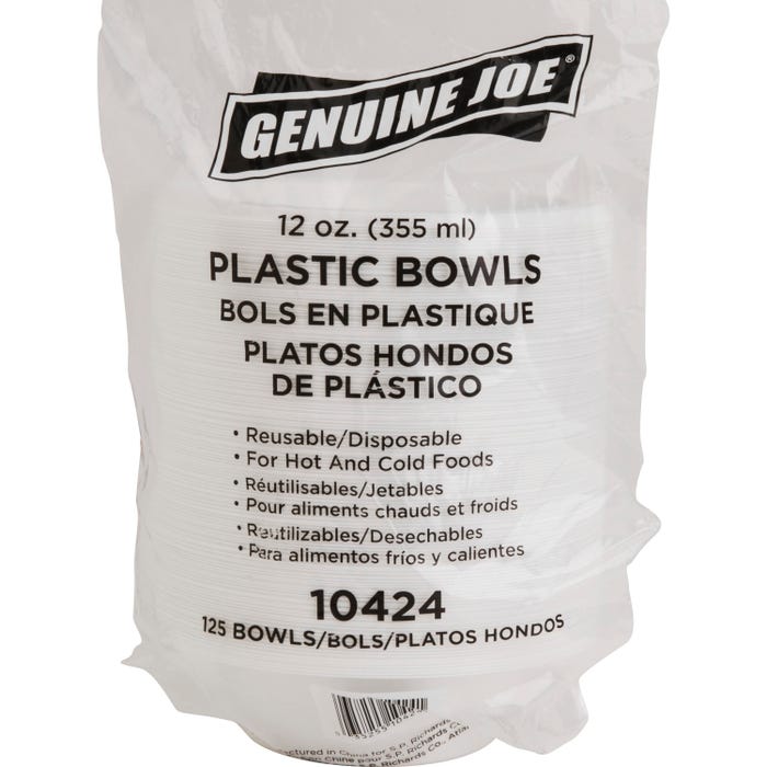 Genuine Joe Disposable/Reusable Plastic Bowl, 12 oz, White, Pack of 125