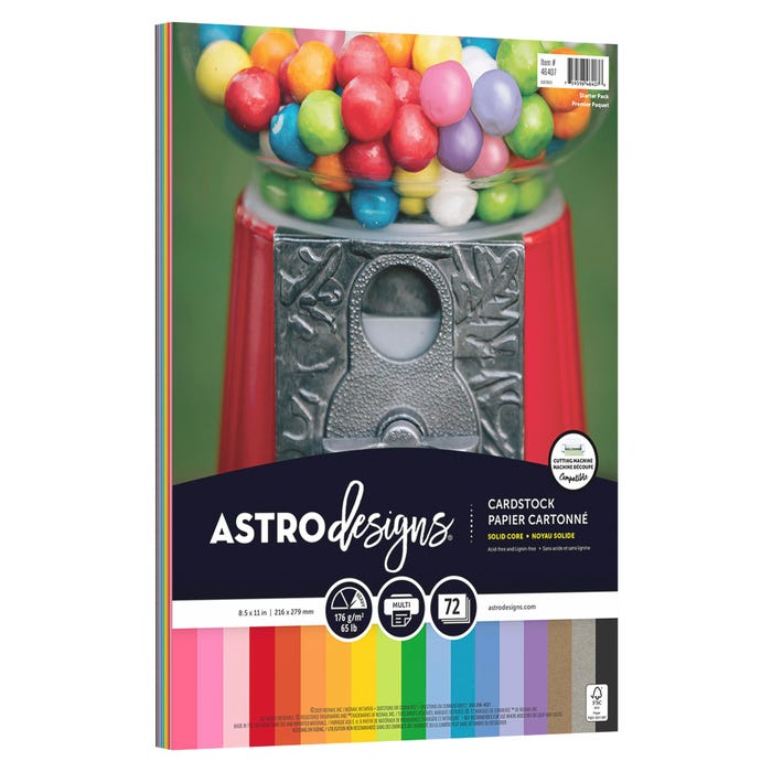 Astrodesigns Starter Kit Cardstock, 8-1/2 x 11 Inches, 65 lb/176 gsm, 18-Color Assortment, 72 Sheets