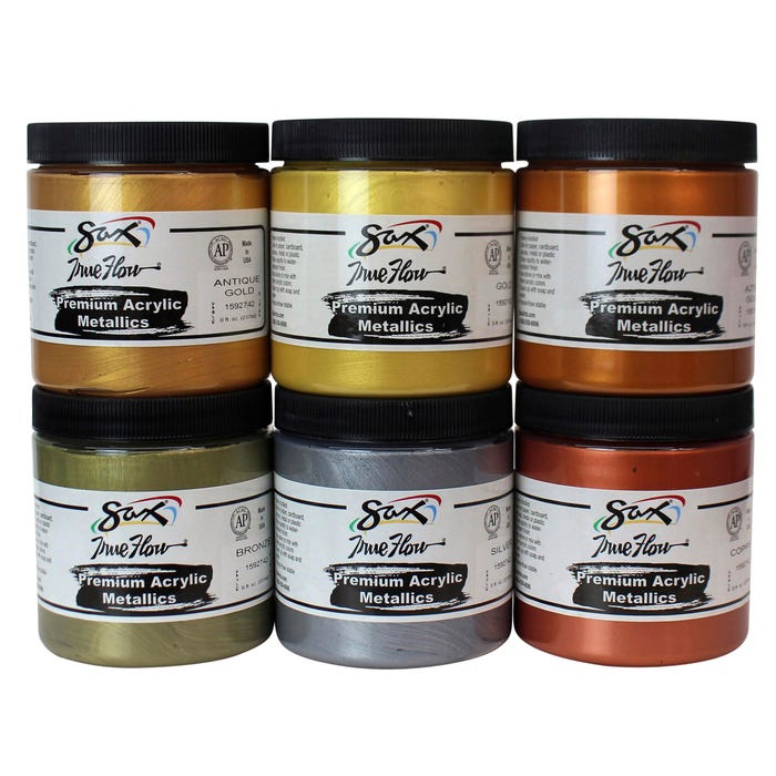 Sax Premium Heavy-Bodied Acrylic Paint, 8 Ounce Jars, Assorted Metallic Colors, Set of 6