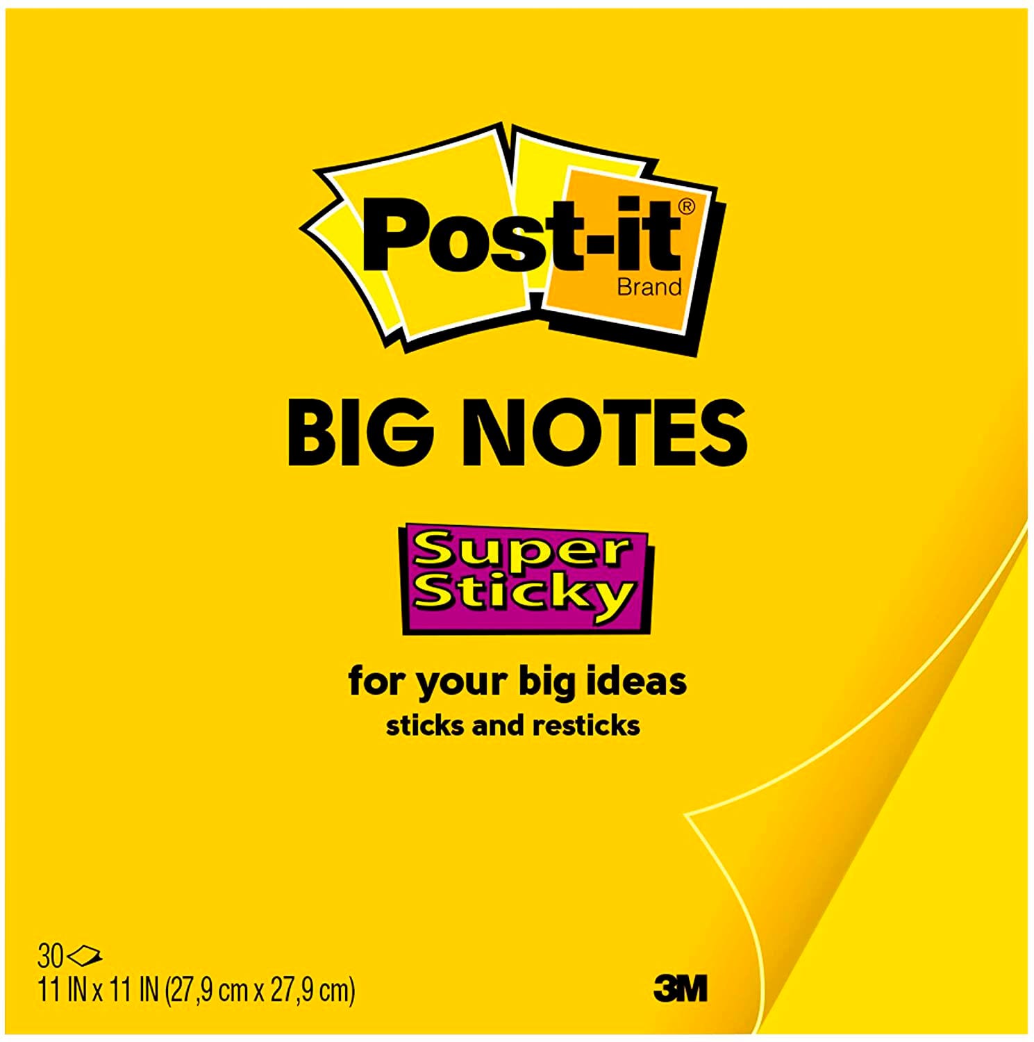 Post-it Super Sticky Big Notes, 11 x 11 Inches, Bright Yellow, 30 Sheets, Item Number 1598485