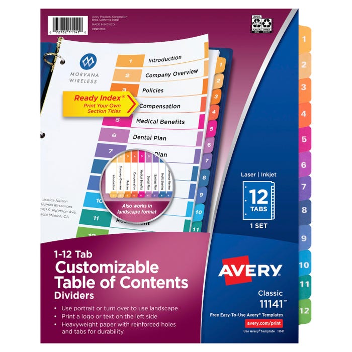 Avery Ready Index Dividers, 12 Tab, 1-12, Assorted Colors, 1 Set