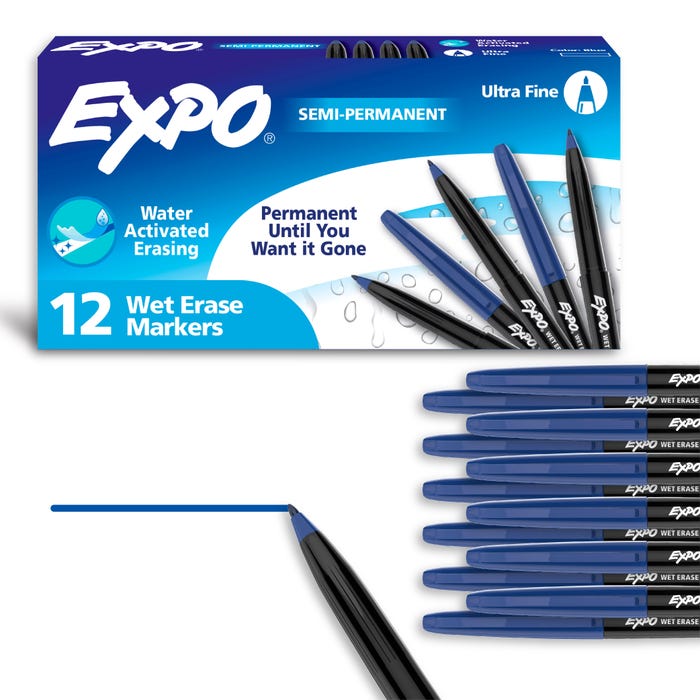 EXPO Wet Erase Markers, Fine Tip, Blue, Pack of 12