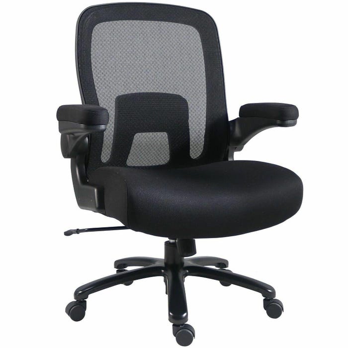 Lorell Big and Tall Flip Arm Chair, Fabric Seat, Mesh Back, Black