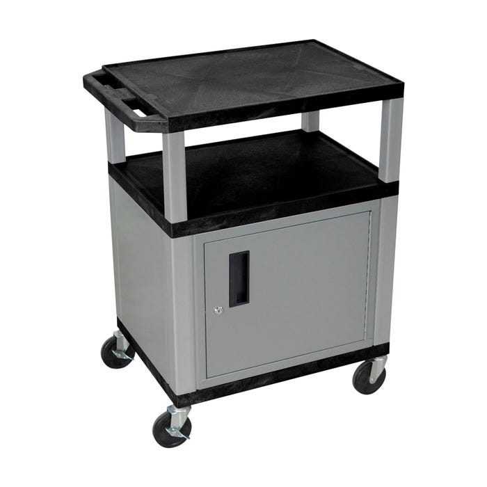 Luxor 3-Shelf With Cabinet Tuffy Cart Without Power, Black Shelves, Nickel Legs, Nickel Cabinet, 24 x 18 x 34 Inches