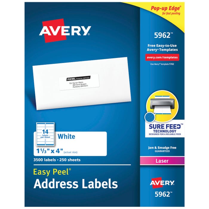 Avery Easy Peel Address Labels, Laser, 1-1/3 x 4 Inches, Pack of 3500