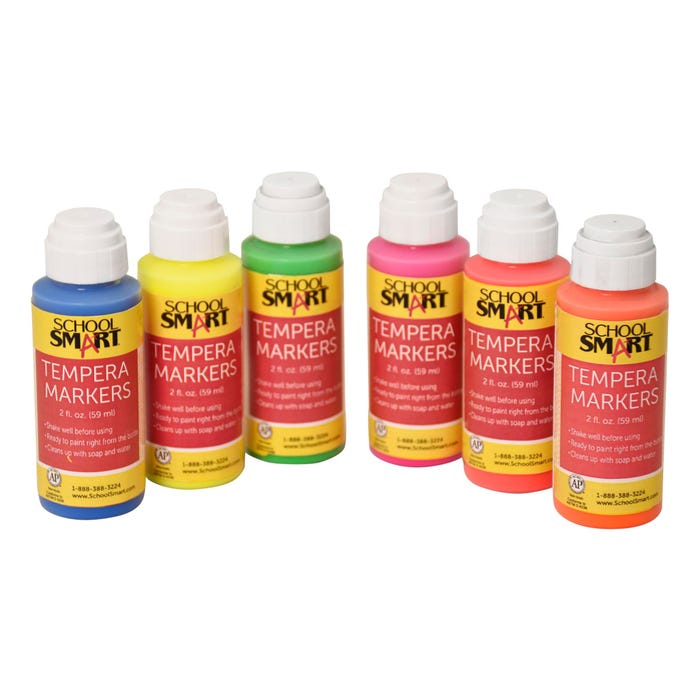 School Smart Tempera Paint Daubers, Poster Marker Set, Fluorescent Neon Colors, Pack of 6