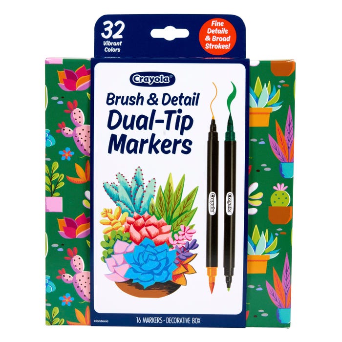Crayola Brush & Detail Dual Ended Markers, Assorted Colors, Set of 16